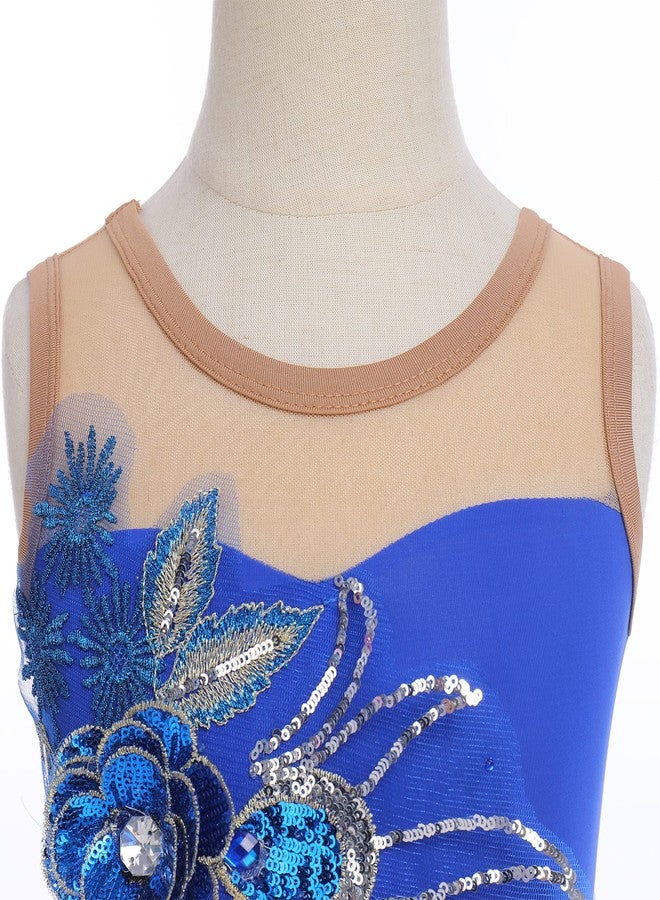 AFAVOM Figure Skating Dress for Girls Sequin Flower Mesh Ice Skating Dress Ballet Dance Leotard Dress Chiffon Skirted Ballerina Dancewear for Competition Stage Performance Costume Royal Blue 9-10 Years - Image 5